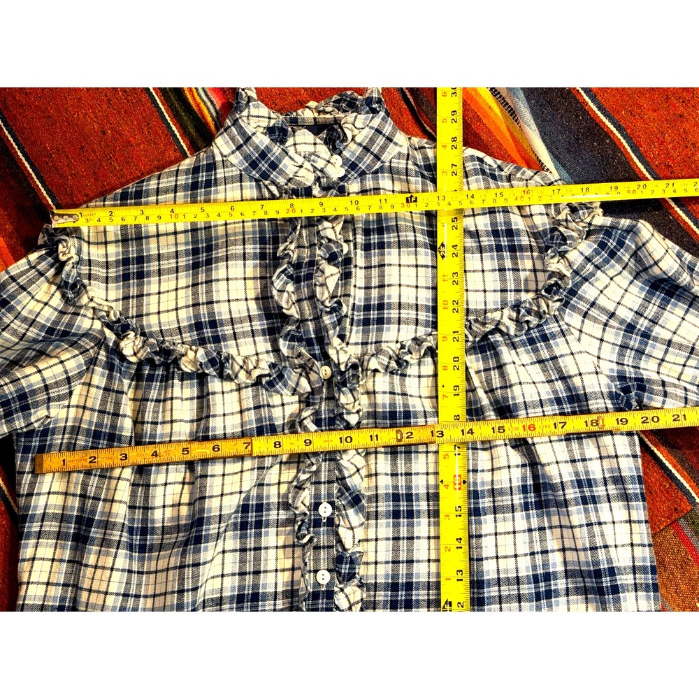 Ralph Lauren Women Sz 8 White Plaid Flannel Ruffled Mock Collar Long Sleeve - Picture 9 of 10
